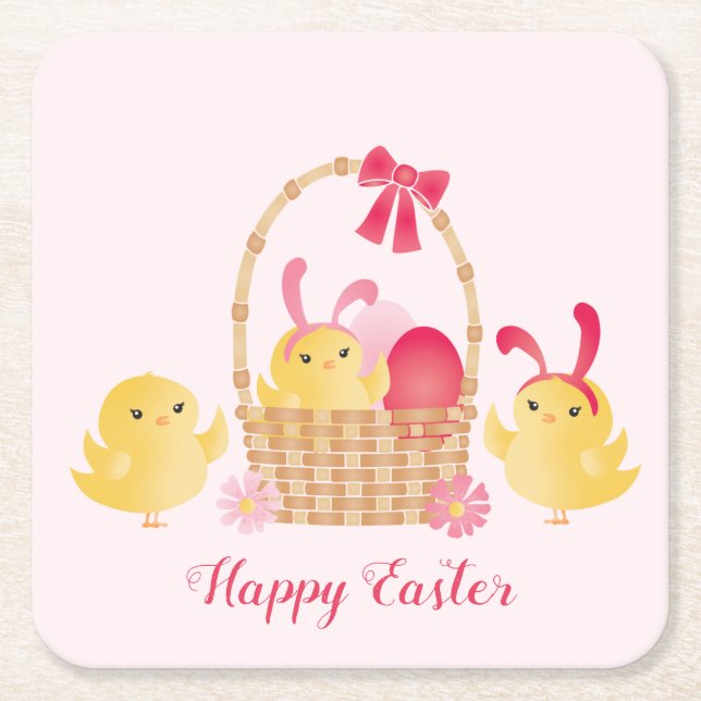 Girly Happy Easter Chicks Pink Square Paper Coaster (Front)