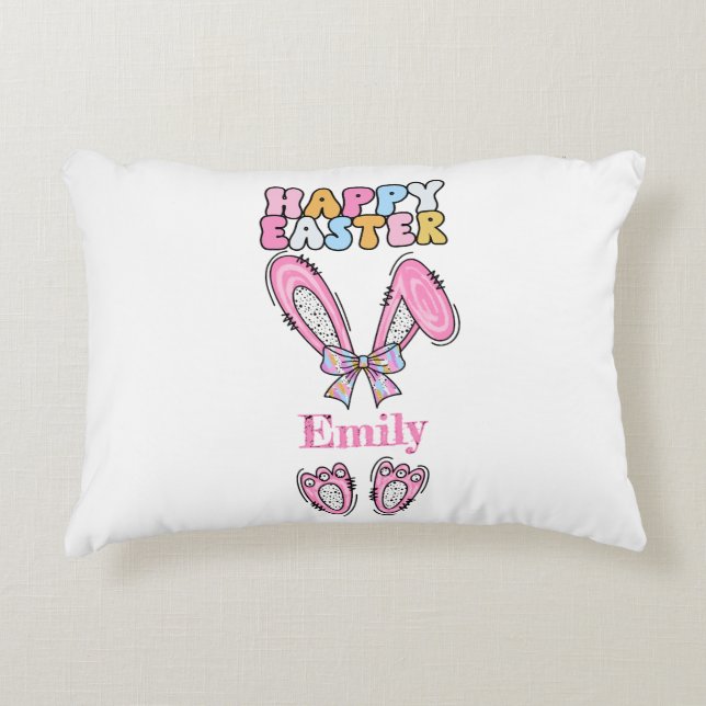 Girly Happy Easter Personalized Name Accent Pillow (Front)