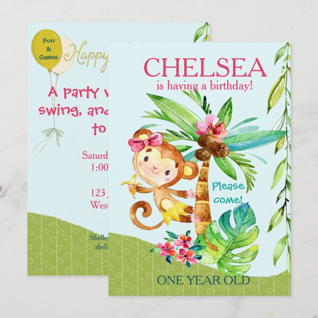 Girly Happy Monkey Blue Birthday Invite (Front/Back)