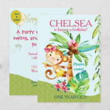 Girly Happy Monkey Blue Birthday Invite