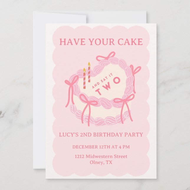 Girly Have your Cake, Eat it TWO Second Birthday Invitation (Front)