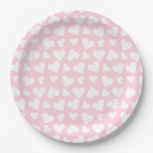 Girly Heart Pattern Pink White Paper Plate (Front)
