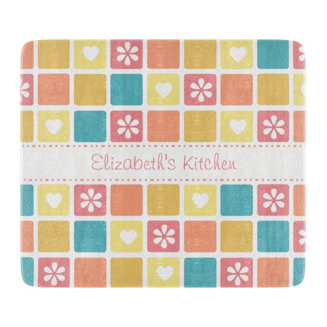 Girly Heart Square Pattern Retro Daisy Flowers Cutting Board (Front)