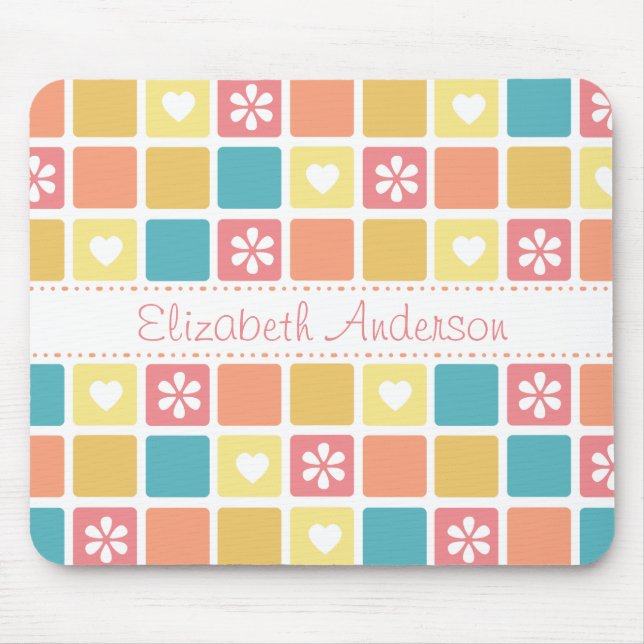 Girly Heart Square Pattern Retro Daisy Flowers Mouse Pad (Front)