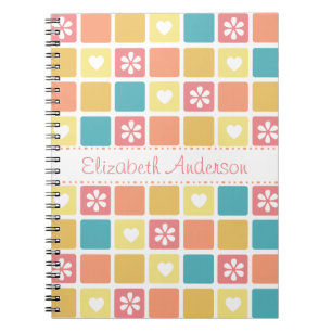 Girly Heart Square Pattern Retro Daisy Flowers Notebook