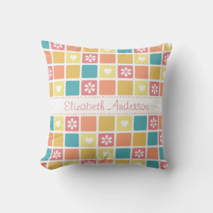 Girly Heart Square Pattern Retro Daisy Flowers Throw Pillow