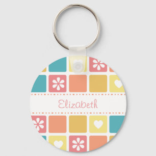 Girly Heart Squares Retro Daisy Flowers and Name Keychain
