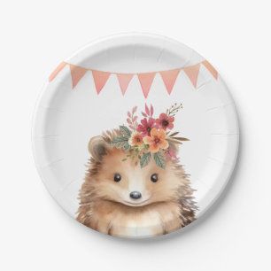 Girly hedgehog, kids birthday paper plate