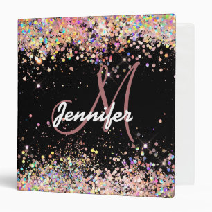 Girly Holographic Glitter Monogram Name Black Binder