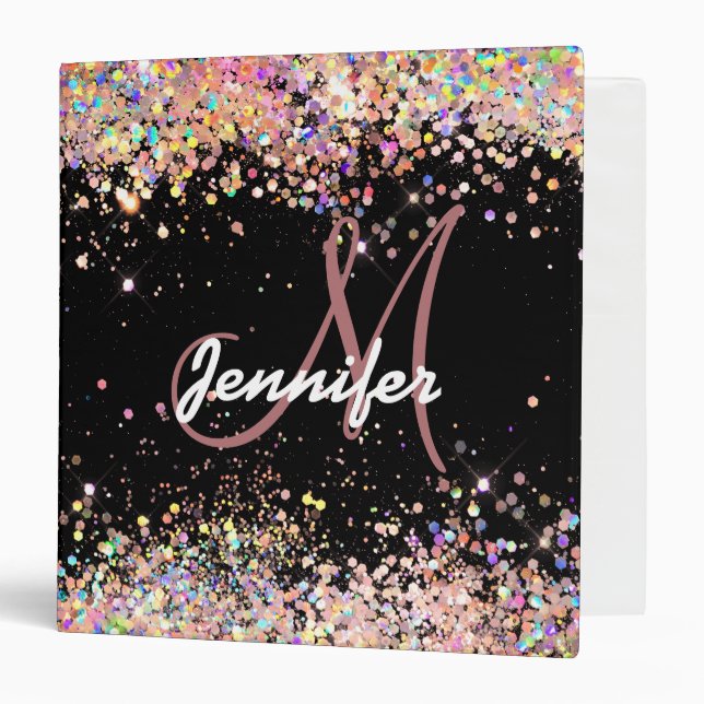 Girly Holographic Glitter Monogram Name Black Binder (Front/Inside)
