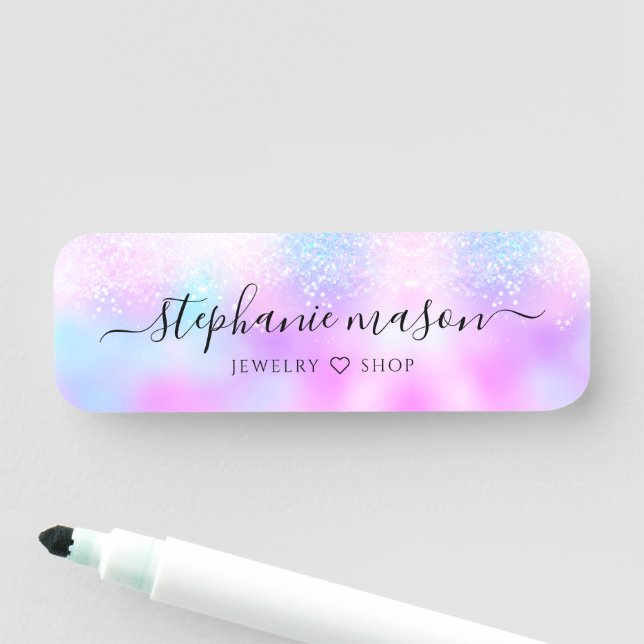 Girly Holographic Glitter Pastel Business Beauty Name Tag (In Situ)