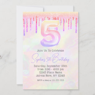Girly Holographic Pink Glitter Drips 5th Birthday Invitation