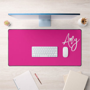 Girly Hot Pink and White Brush Script Name Desk Mat