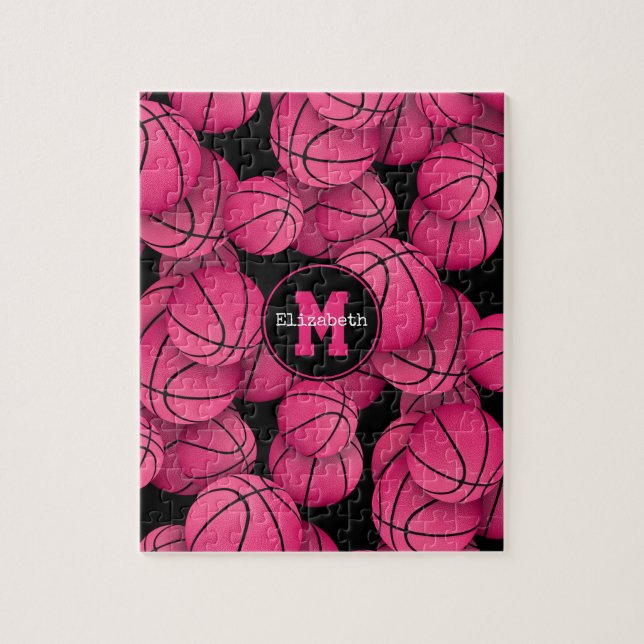 Girly hot pink basketballs pattern monogrammed jigsaw puzzle (Vertical)