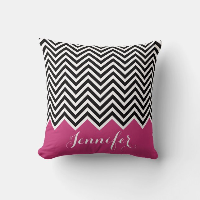 GIRLY HOT pink black and white Chevron Custom Throw Pillow (Front)