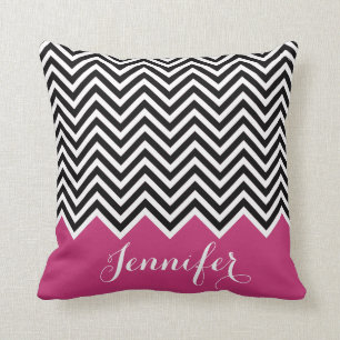 GIRLY HOT pink black and white Chevron Custom Throw Pillow