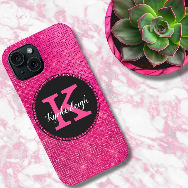 Girly Hot Pink Black Glam Diamond Monogram Name Case-Mate iPhone Case (Creator Uploaded)