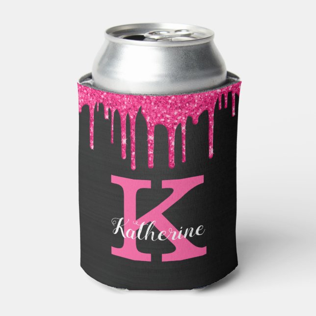 Girly Hot Pink Black Glitter Drips Monogram Name Can Cooler (Can Front)