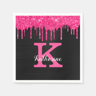 Girly Hot Pink Black Glitter Drips Monogram Name Napkin