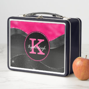 Girly Hot Pink Black Gray Waves Glam Monogram Name Metal Lunch Box
