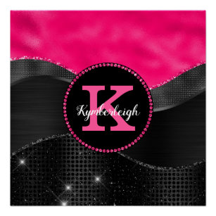 Girly Hot Pink Black Grey Waves Glam Monogram Name Poster