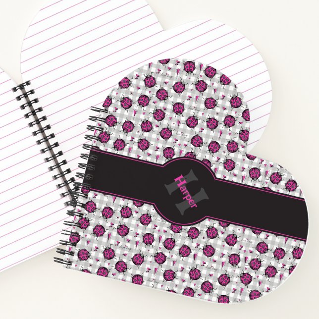 Girly Hot Pink & Black Ladybugs Grey Gingham Heart Notebook (Cute Hot Pink Ladybug Heart Shaped Notebook with Name & Monogram for Her. Gingham Gray Background. )