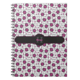 Girly Hot Pink & Black Ladybugs Grey Gingham Name Notebook