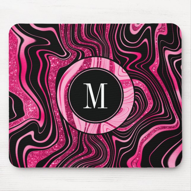 Girly Hot Pink Black Marble Glam Glitter Monogram Mouse Pad (Front)
