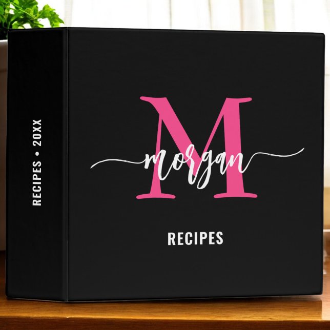 Girly Hot Pink Black Monogram Recipe Book Binder (Creator Uploaded)