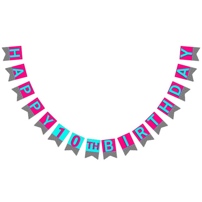Girly Hot Pink|Blue Checkerboard Birthday Age Bunting Flags (All)