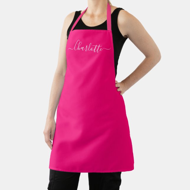 Girly hot pink custom modern script name monogram apron (Insitu)