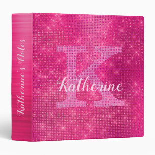 Girly Hot Pink Diamond Glam Sparkle Monogram Name Binder