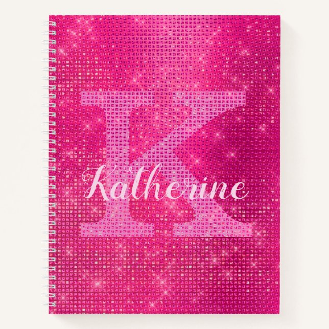 Girly Hot Pink Diamond Glam Sparkle Monogram Name Notebook (Front)