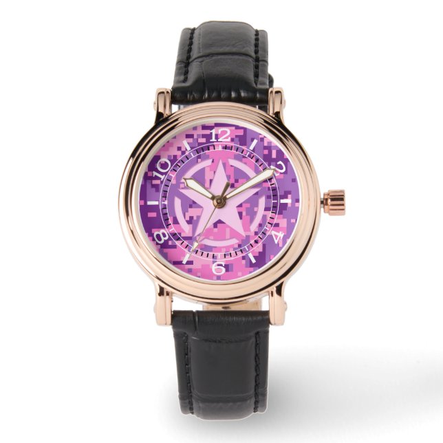 Girly Hot Pink Digital Camouflage Camo Dial Watch (Front)