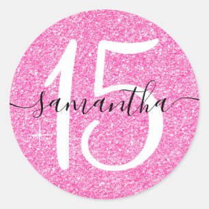 Girly Hot Pink Faux Glitter Personalized 15 Classic Round Sticker