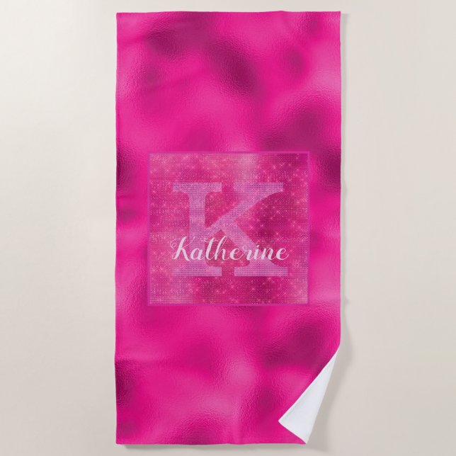 Girly Hot Pink Foil Diamond Sparkle Monogram Name Beach Towel (Front)
