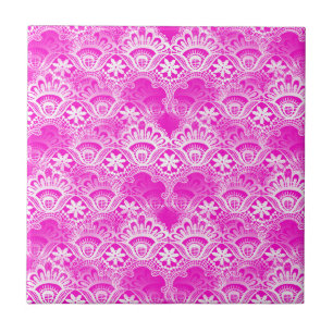 Girly Hot Pink Fuchsia White Lace Damask Tile