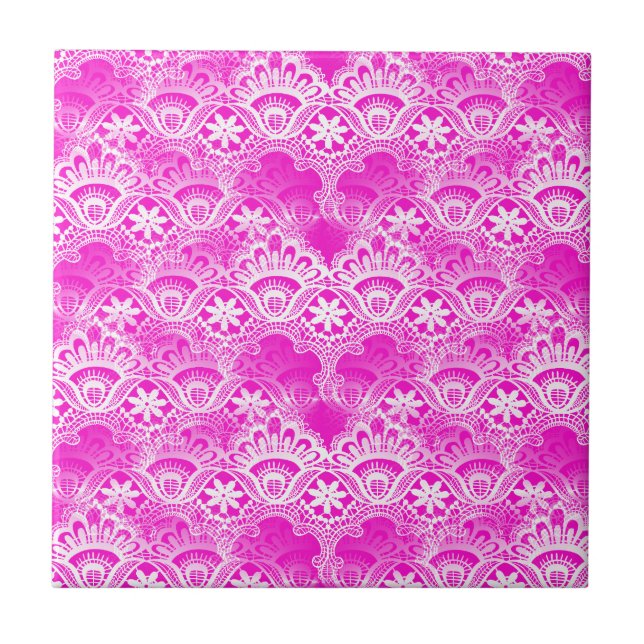 Girly Hot Pink Fuchsia White Lace Damask Tile (Front)