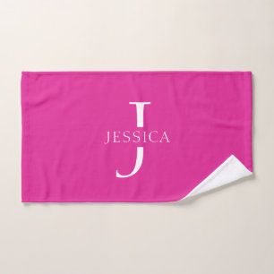 Girly Hot Pink Fun Modern Monogram Name Hand Towel