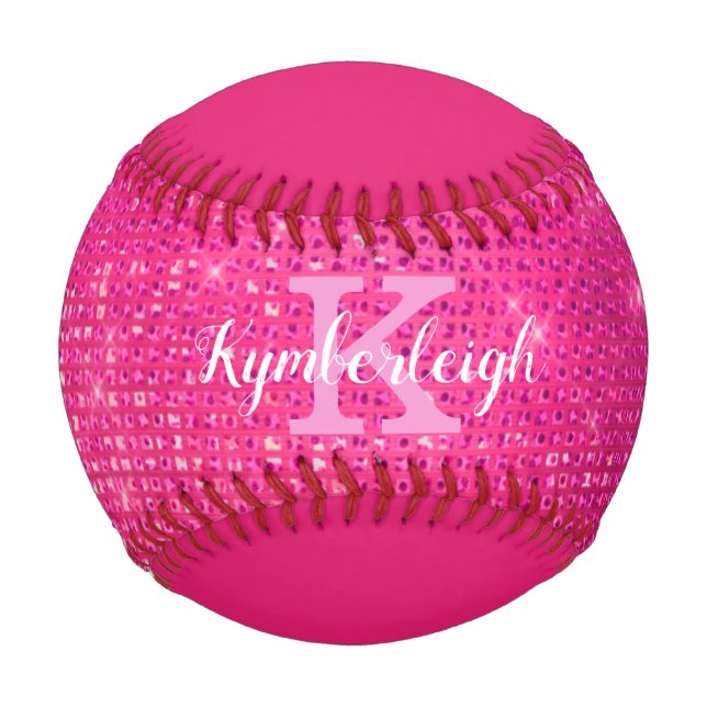 Girly Hot Pink Glam Diamond Sparkle Monogram Name Baseball (Front)