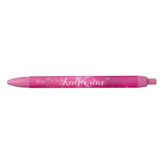 Girly Hot Pink Glam Diamond Sparkle Monogram Name Black Ink Pen