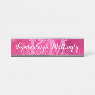 Girly Hot Pink Glam Diamond Sparkle Monogram Name Desk Name Plate