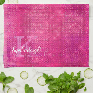 Girly Hot Pink Glam Diamond Sparkle Monogram Name Kitchen Towel