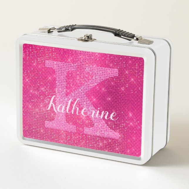 Girly Hot Pink Glam Glitter Sparkle Monogram Name Metal Lunch Box (Front)