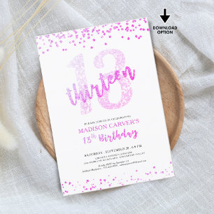 Girly Hot Pink Glitter Confetti 13th Birthday Invitation
