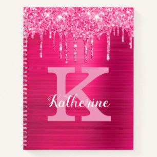 Girly Hot Pink Glitter Drips Cool Monogram Name Notebook