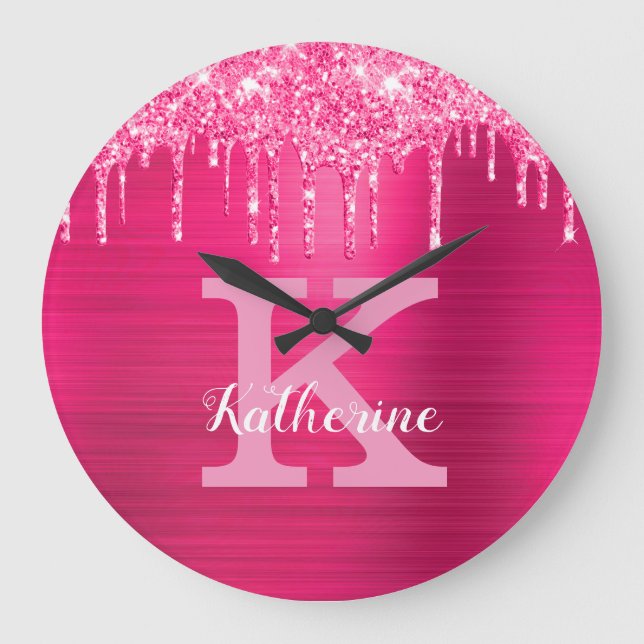 Girly Hot Pink Glitter Drips Glam Monogram Name Large Clock (Front)