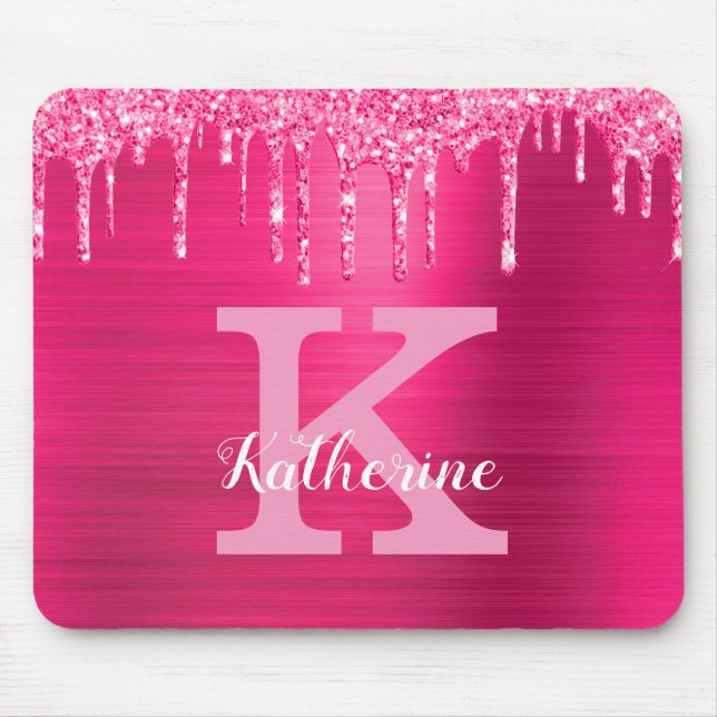 Girly Hot Pink Glitter Drips Glam Monogram Name Mouse Pad (Front)