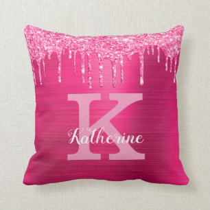 Girly Hot Pink Glitter Drips Glam Monogram Name Throw Pillow