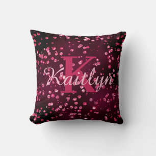 Girly Hot Pink Glitter Glam Monogram Script Throw Pillow